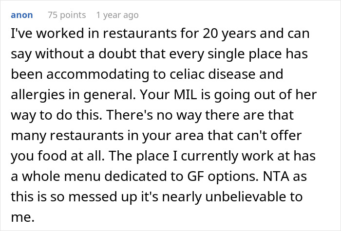 Screenshot of a comment discussing a mother-in-law purposely triggering allergies and restaurant accommodations for celiac disease. Screenshot of a comment discussing a mother-in-law purposely triggering allergies and restaurant accommodations for celiac disease.