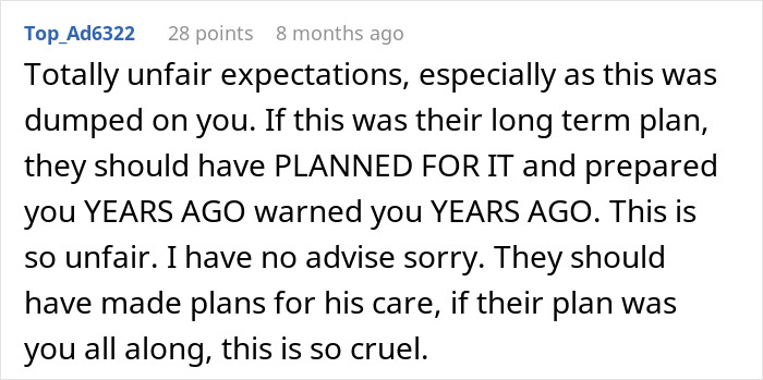 Comment discussing unfair expectations on a son to care for his autistic brother and lack of family planning.