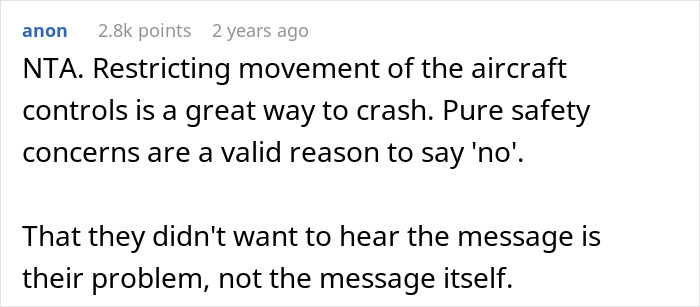 Comment discussing safety concerns and refusal to allow an obese family to fly in a private plane, sparking drama. Comment discussing safety concerns and refusal to allow an obese family to fly in a private plane, sparking drama.