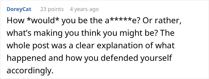 Screenshot of an online comment discussing defending oneself and refusing support in a sibling care conflict.