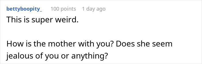 Comment on a forum discussing woman upset over boyfriend's affection with his mom, questioning jealousy concerns.