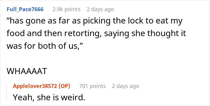 Screenshot of a forum discussion about a serial food thief with peanut allergy stealing roommate&rsquo;s dinner and blaming him.