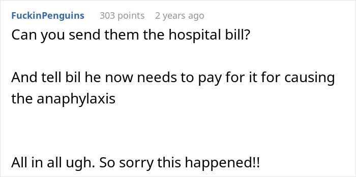 Comment discussing sending hospital bill to BIL for causing anaphylactic shock after lying about lunch ingredients