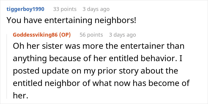 Reddit conversation about entitled neighbors blocking driveway with entertaining and entitled behavior discussed in comments.