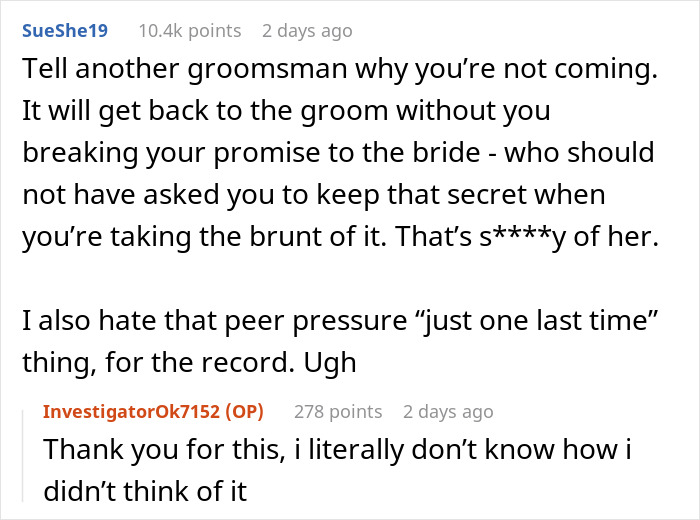 Screenshot of a forum discussion about a groom kissing his best friend at a bachelor party causing the bride to ban him from the wedding.