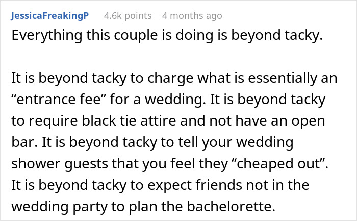 Screenshot of a social media comment criticizing a bride demanding money after cheap wedding shower gifts sparked her wrath.