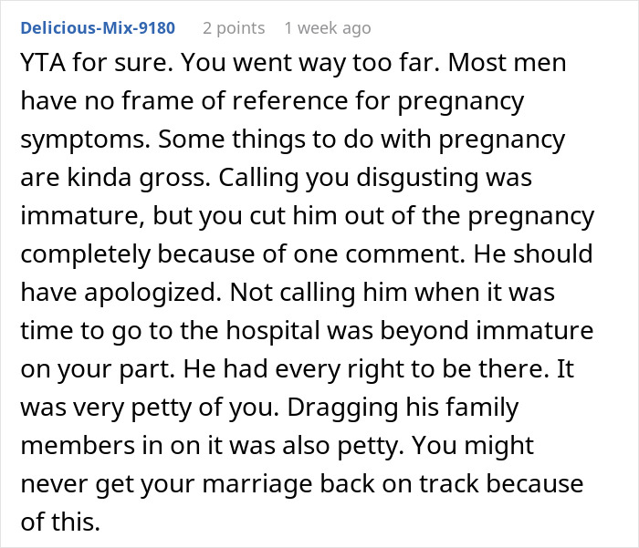 Comment discussing husband calling pregnant wife disgusting and ignoring baby after being called out for behavior.