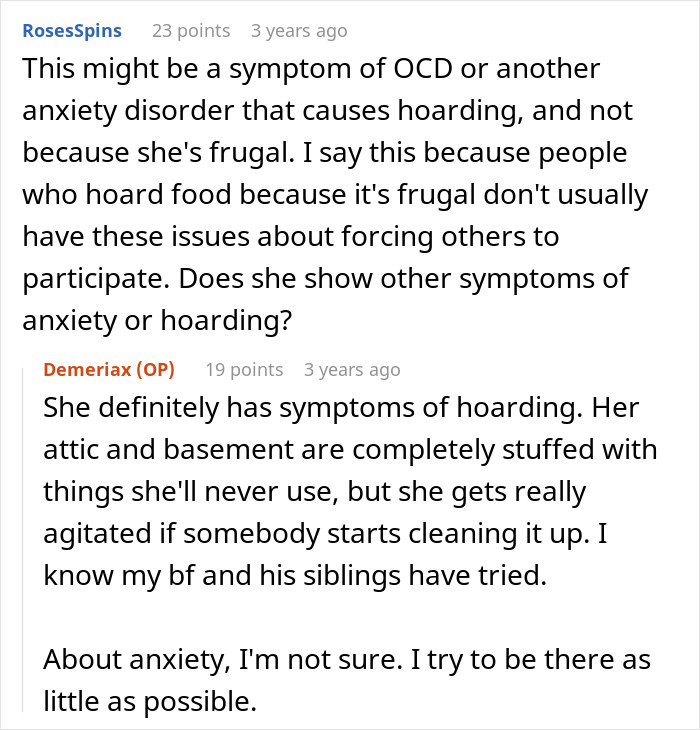 Reddit discussion about cheap MIL feeding spoiled food to son and girlfriend, with hoarding and bullying behaviors mentioned.