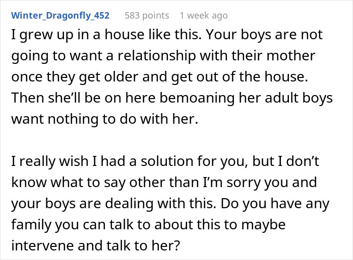 Comment discussing strained family relationships due to a wife turned mean once she got money and its impact on her sons.