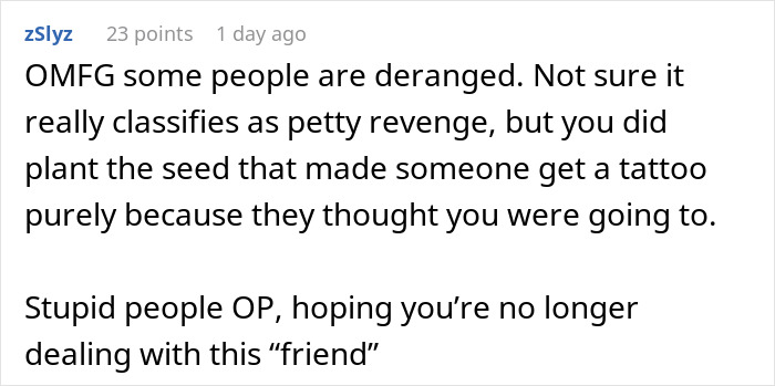 Screenshot of a forum comment discussing a petty revenge story involving a lying pick me girl tattoo inspiration.