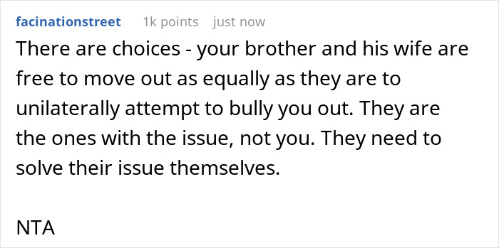 Comment on sibling fight over house, debating who should move out to make room for kids in shared living situation.