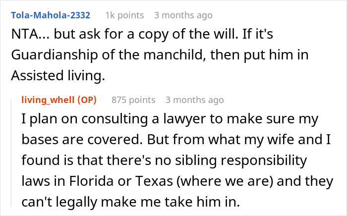 Screenshot of an online discussion about refusing to look after a lazy, entitled disabled brother enabled by their mother.