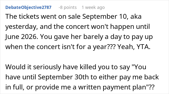 Screenshot of online discussion about a woman refusing to wait longer for friend who won't pay her back. Screenshot of online discussion about a woman refusing to wait longer for friend who won't pay her back.
