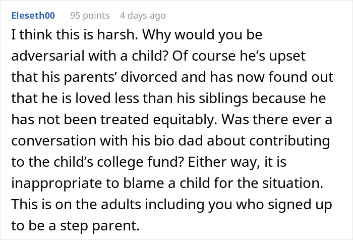 Comment discussing a man denying his stepson&rsquo;s requests to contribute to a college fund, highlighting family tensions.