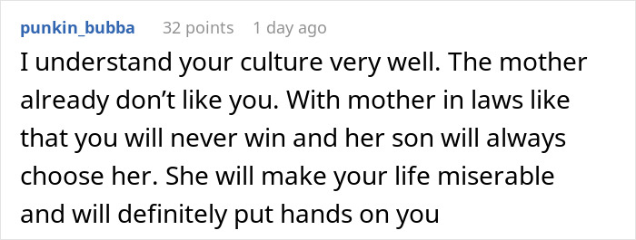 Screenshot of an online comment discussing family conflict and tension involving a man, his fianc&eacute;e, and his mother-in-law.
