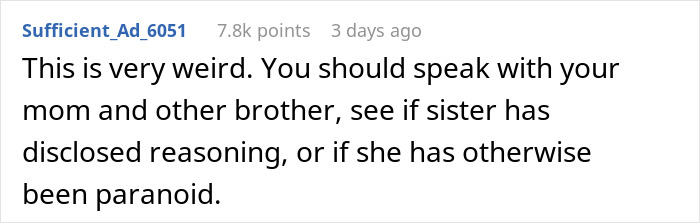 Comment discussing a woman forbidding her brother-in-law from talking to her despite potential less time with her nephew.