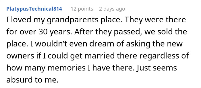 Comment text about not asking to marry in stranger&rsquo;s backyard, reflecting on memories and boundaries.