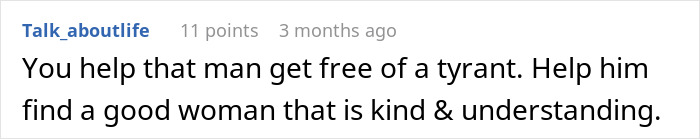 Text comment from user Talk_aboutlife discussing helping a man confront his wife and fears about divorce. Text comment from user Talk_aboutlife discussing helping a man confront his wife and fears about divorce.