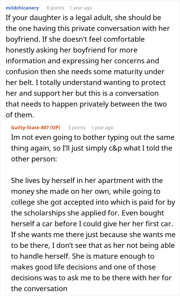 Reddit discussion about a woman&rsquo;s boyfriend acting secretive and her mom planning to hire a PI for more details.