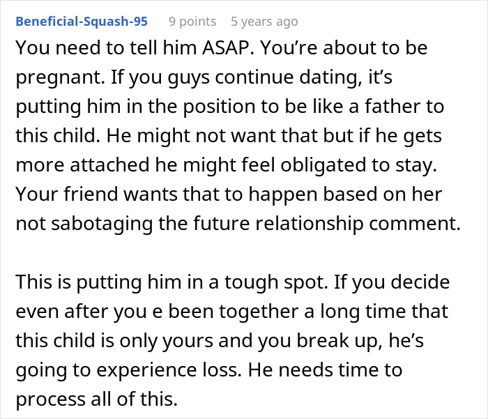 Commenter discusses woman debating hiding artificial insemination plans from date and desires to become a mother.