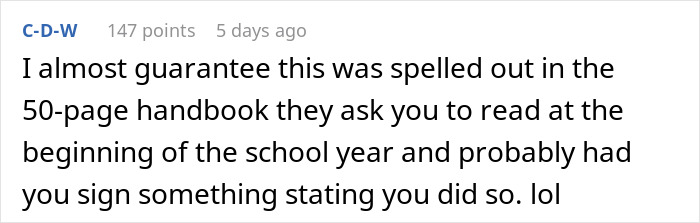 Comment discussing a 50-page school handbook read at the start of the year and signing an acknowledgment form. Comment discussing a 50-page school handbook read at the start of the year and signing an acknowledgment form.