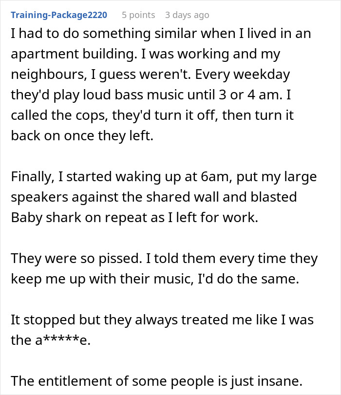 Screenshot of a Reddit comment describing petty revenge involving blasting music early as a response to loud late-night bass music.