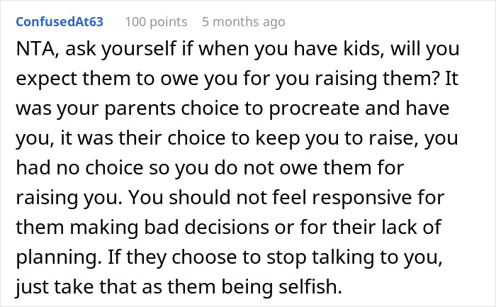 Screenshot of an online comment discussing parenting responsibilities in relation to a mom retirement plan scenario.