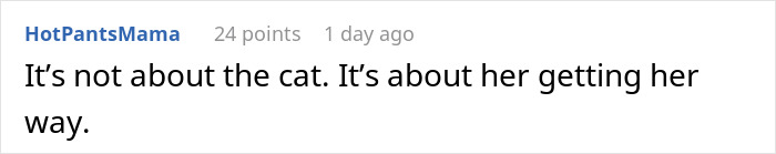 Comment stating the situation is not about the cat but about the unhinged MIL getting her way.