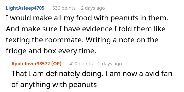 Screenshot of a Reddit conversation about a food thief with a peanut allergy stealing a roommate&rsquo;s dinner.