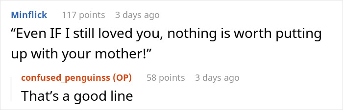 Text conversation showing a humorous comment about family conflicts with a witty reply below.