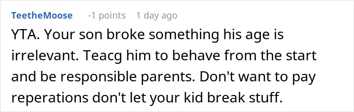 Screenshot of an online comment discussing a woman refusing to pay for broken iPhone and Gucci sunglasses after baby incident.