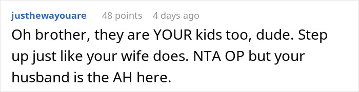 Comment section with user expressing frustration about husband refusing to watch kids while wife cooks, showing family tension. Comment section with user expressing frustration about husband refusing to watch kids while wife cooks, showing family tension.