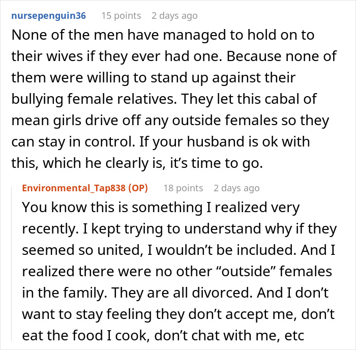 Reddit thread discussing inlaws push boundaries divorce with men not standing up to controlling female relatives.