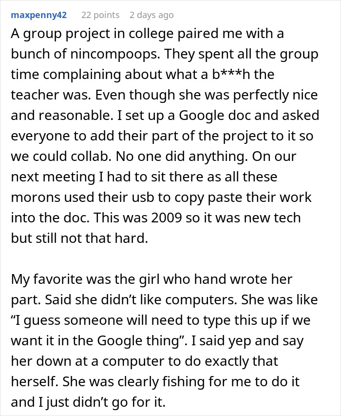 Text post describing group project fails due to lazy teammates expecting the smart one to do all work but he doesn&rsquo;t.