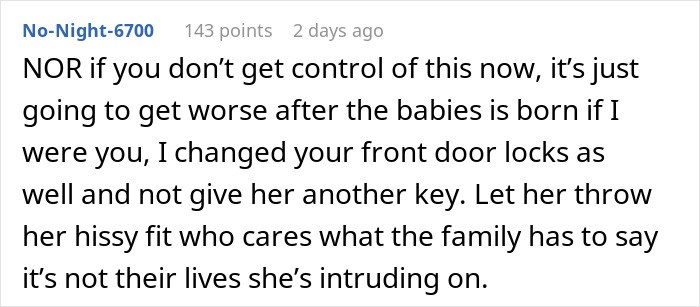 Text conversation about dealing with a creepy MIL watching pregnant DIL and changing door locks for privacy.