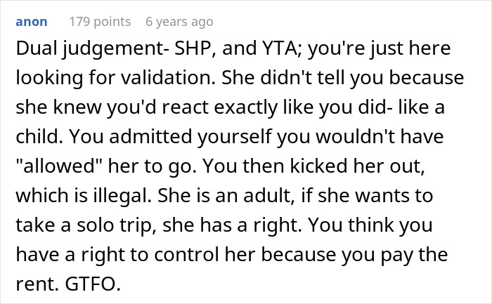 Screenshot of a Reddit comment discussing a woman planning a solo trip and the partner's reaction before the trip. Screenshot of a Reddit comment discussing a woman planning a solo trip and the partner's reaction before the trip.