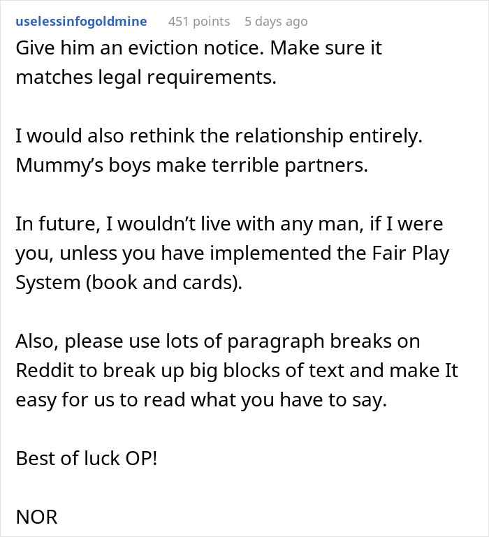 Reddit comment advising eviction and relationship advice for a lazy guy criticized by his girlfriend for being a mummy's boy.