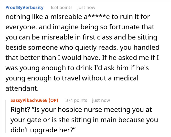 Alt text: Woman’s first class flight experience disrupted by a rude old man, with a clever clap back in response. Alt text: Woman’s first class flight experience disrupted by a rude old man, with a clever clap back in response.