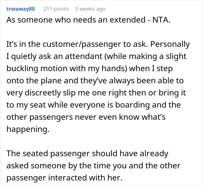 Flight attendant reflecting on whether not offering an overweight woman a seatbelt extender was wrong. Flight attendant reflecting on whether not offering an overweight woman a seatbelt extender was wrong.
