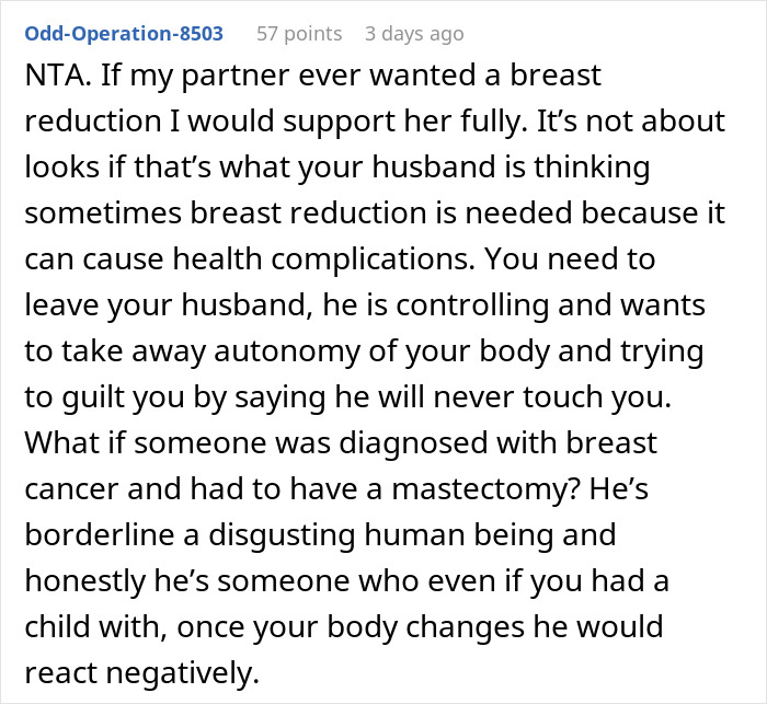Comment discussing husband giving ultimatum over wife's breast reduction and plastic surgery concerns.