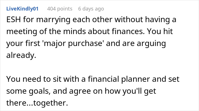 Comment discussing the husband tells wife no money no honeymoon conflict and financial planning advice.