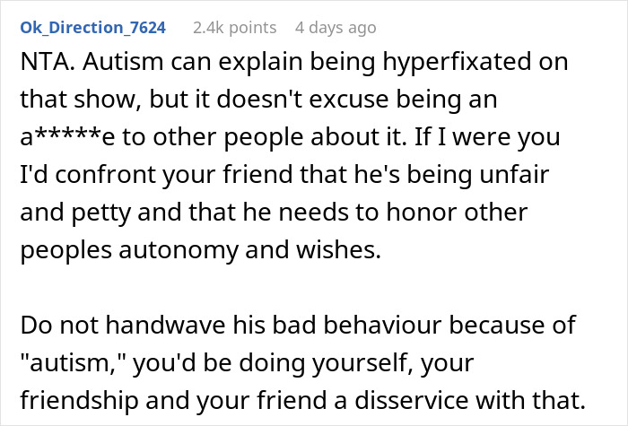 Alt text: Online discussion about refusing to watch autistic friend's show recommendation and respecting personal boundaries and autonomy.