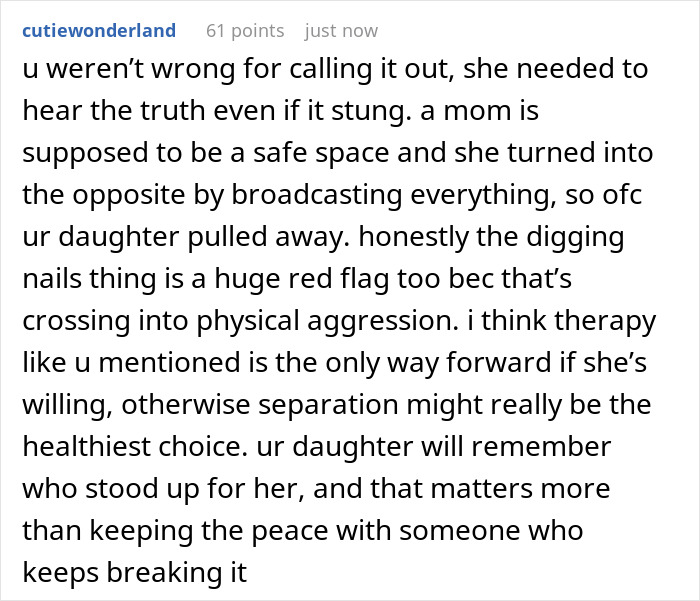 Comment discussing telling wife why daughter doesn&rsquo;t trust, highlighting issues of truth, safety, and therapy as solutions.
