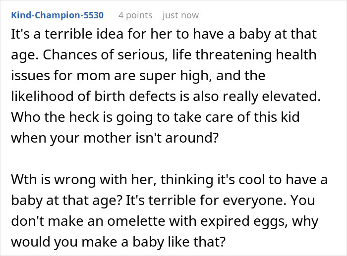 Screenshot of an online comment criticizing a 46-year-old getting pregnant and expecting adult kids to help.