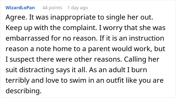Comment discussing inappropriate behavior of a male swim teacher regarding a 10-year-old’s modest swimwear. Comment discussing inappropriate behavior of a male swim teacher regarding a 10-year-old’s modest swimwear.
