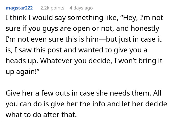 User comment offering advice on approaching a friend about her husband dating the same guy, giving thoughtful outs.