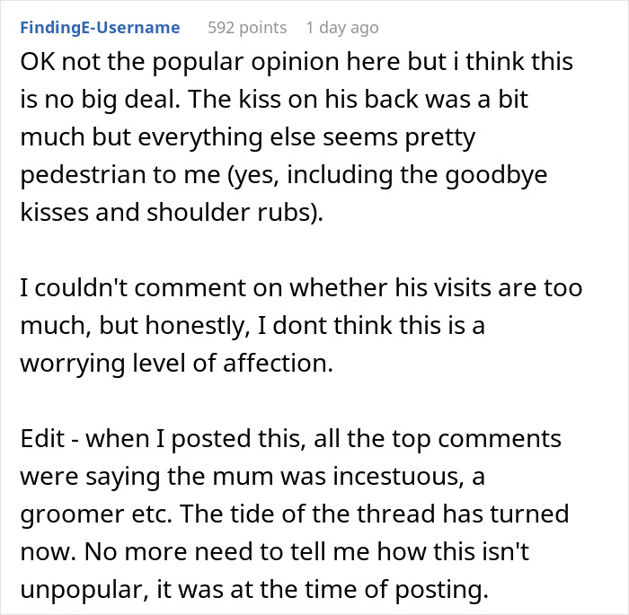 Reddit user discusses whether woman is overthinking boyfriend being affectionate with his mom in a relationship dilemma thread.