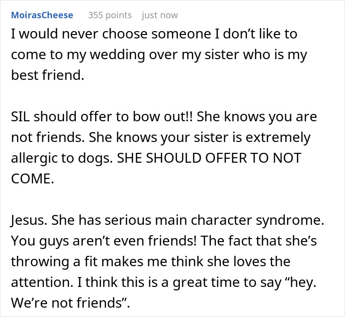 Comment discussing refusal of sister-in-law's service dog at wedding due to sister’s dog allergy and strained family relations Comment discussing refusal of sister-in-law's service dog at wedding due to sister’s dog allergy and strained family relations