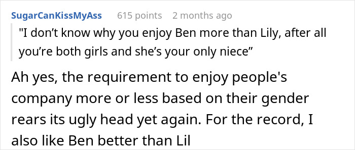 Screenshot of a Reddit comment discussing a sister accusing favoritism toward nephew and niece in a family debate.