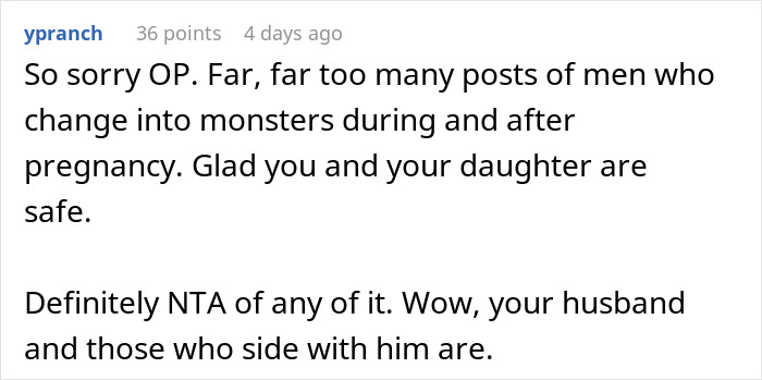 Comment expressing sympathy for a pregnant wife called disgusting by husband and highlighting harmful behavior.